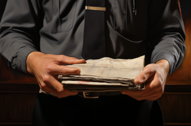 close up hand of customs inspector holding sheaf