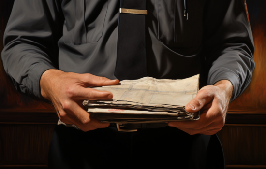 close up hand of customs inspector holding sheaf