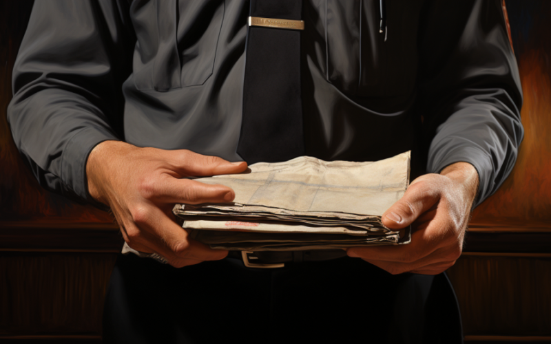 close up hand of customs inspector holding sheaf