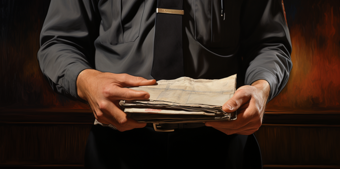 close up hand of customs inspector holding sheaf